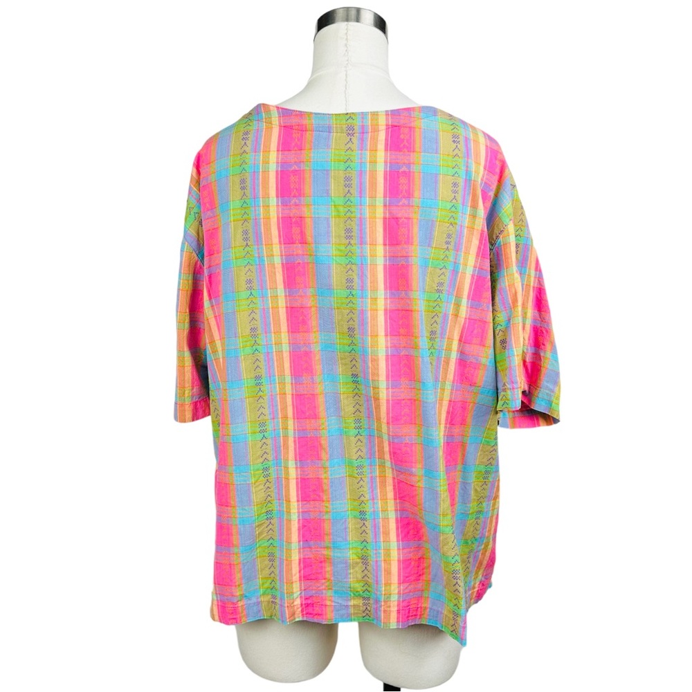 Vintage 80’s Cottagecore  Rainbow Plaid Short Sleeve Oversized Pullover Blouse - Picture 11 of 12